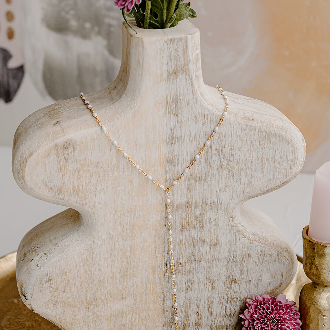 Ellie White Enamel Lariat Necklace in 14k gold filled and sterling silver with minimal drop design