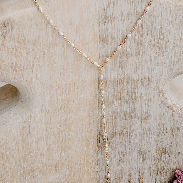 Ellie White Enamel Lariat Necklace in 14k gold filled and sterling silver with minimal drop design