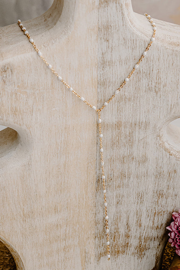 Ellie White Enamel Lariat Necklace in 14k gold filled and sterling silver with minimal drop design